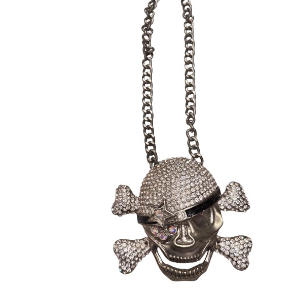 Skull Crossbones Metal Necklace Men's Pirate Punk Rock Missing few Rhinestones - Picture 1 of 10